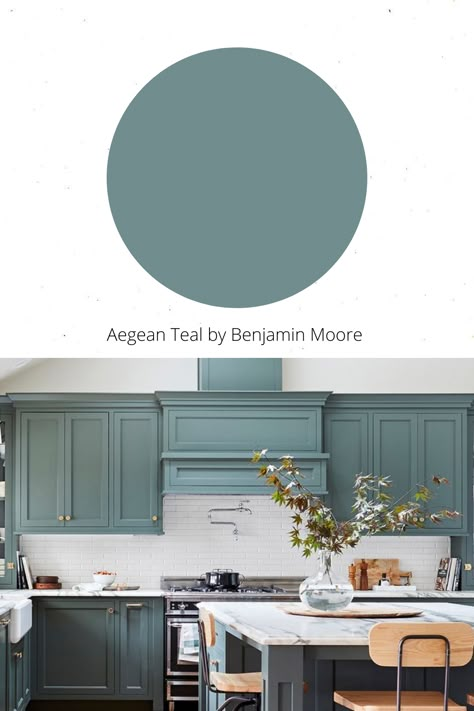 Aegean Teal is a blend of blue green with undertones of gray. Anytime a darker color has a gray undertone, it gives the color a milky look, which just works to make this teal color rich and creamy and not too cool of a color. Teal Wall Colors, Teal Kitchen Cabinets, Blue Green Kitchen, Aegean Teal, Teal Cabinets, Teal Paint Colors, Teal Bathroom, Teal Kitchen, Teal Bedroom