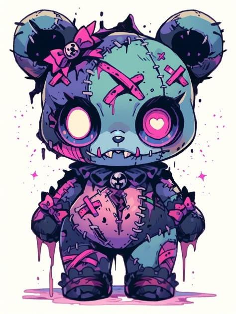 Zombie Bear Art, Graffiti Teddy Bear Art, Voodoo Bear Tattoo, Creepy Bear Drawing, Cartoon Raccoon Tattoo, Evil Teddy Bear Drawing, Gothic Cartoon Characters, Pastel Goth Tattoo, Goth Teddy Bear