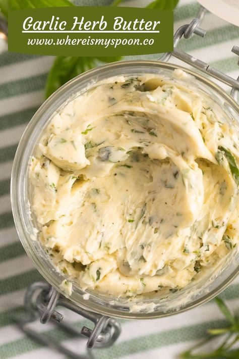 Taste the best garlic herb butter! Made with garlic and fragrant herbs, it adds amazing flavor to any dish. Spread on bread, melt on steak, or toss with hot veggies. #whereismyspoon #garlicherbbutter #herbgarlicbutter #garlicbutter #herbbutter #compoundbutter #homemadecompoundbutter #garlicspread #buttersauce Butter Mixes, Herb Butters, Cowboy Butter Recipe, Brine Turkey, Garlic Butter Spread, Herb Butter Recipe, Flavored Butter Recipes, Butter Spreads, Bread Dinner