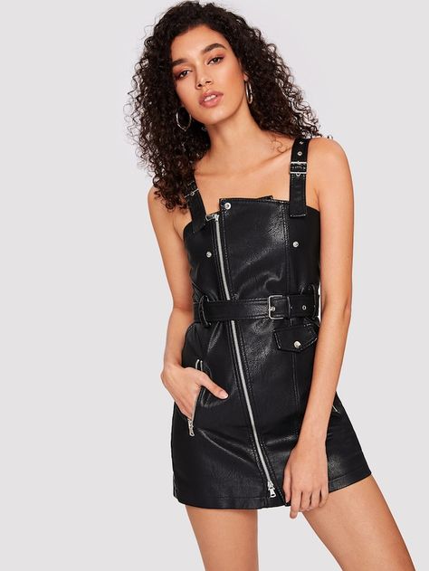 Zip Up Belted PU Dress -SHEIN(SHEINSIDE) Pinny Dress, Style Instagram, Tough Love, Faux Leather Belts, Black Zip Ups, Dress Zipper, Overall Dress, Shein Style, Leather Dress