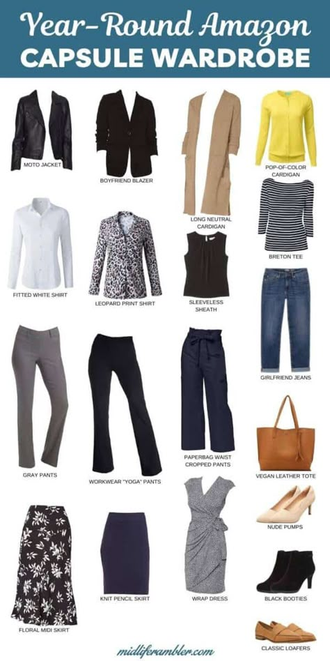 This 18-piece Amazon Capsule Wardrobe for women covers all the essentials you need to build a business casual wardrobe - including shoes and the perfect office tote. You can use this capsule wardrobe list to create dozens of outfits from quality Amazon pieces that are reasonably priced. Build a quality capsule wardrobe with the click of your mouse and for much less than you would spend elsewhere. #amazonshopping #capsulewardrobe #midliferambler Minimum Wardrobe Women, Business Meeting Attire For Women, Amazon Capsule Wardrobe Work, Business Casual Outfits For Women Office, Office Job Outfits Professional, Business Casual Wardrobe Capsule, Office Job Outfits Plus Size, Business Casual Outfits For Women Amazon, Easy Work Outfits Business Casual