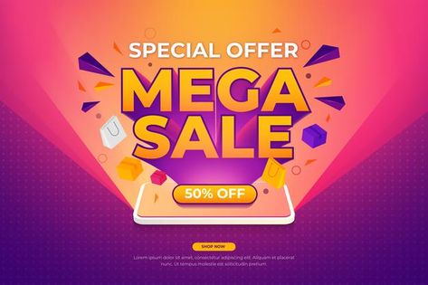 Mega sale banner template with bright ph... | Premium Vector #Freepik #vector #banner Mega Sale Design, Sale Banner Design Ideas, Discount Banner Design, Logo Campaign, Giveaway Template, Offers Banner, Shopping Banner, Headline Design, Photoshop Tutorial Text