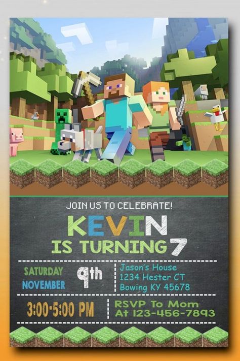 Minecraft Scenario Birthday Party Invitation Minecraft Party Invitations, Minecraft Party Food, Minecraft Party Supplies, Truck Party Invitations, Minecraft Invitations, Minecraft Birthday Invitations, Unicorn Party Invites, Bday Invitations, Girl Birthday Party Invitations