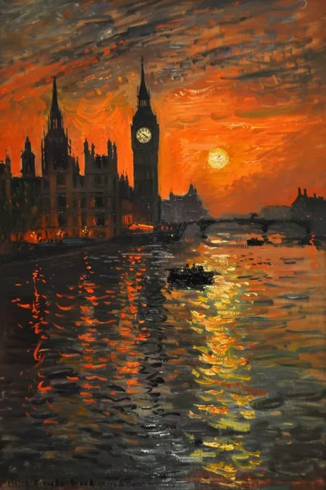 Midjourney AI Image: London Cityscape Skyline at night, reflections in thames, By Claude Monet --ar 2:3 → more in ai-img-gen.com Landmark Paintings, London City Night, London City View, England Painting, Jazz Painting, London Cityscape, London Painting, Skyline At Night, Landmarks Art