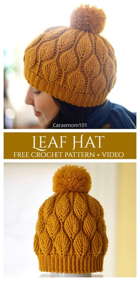 3D Leaf Stitch Hat Free Crochet Patterns + Video Crochet Beanie Hat Free Pattern, Leaf Stitch, Stitch Hat, Crochet Leaf Patterns, Easy Crochet Hat, Crochet Hat Free, Mode Crochet, Bonnet Crochet, Crochet Beanie Hat