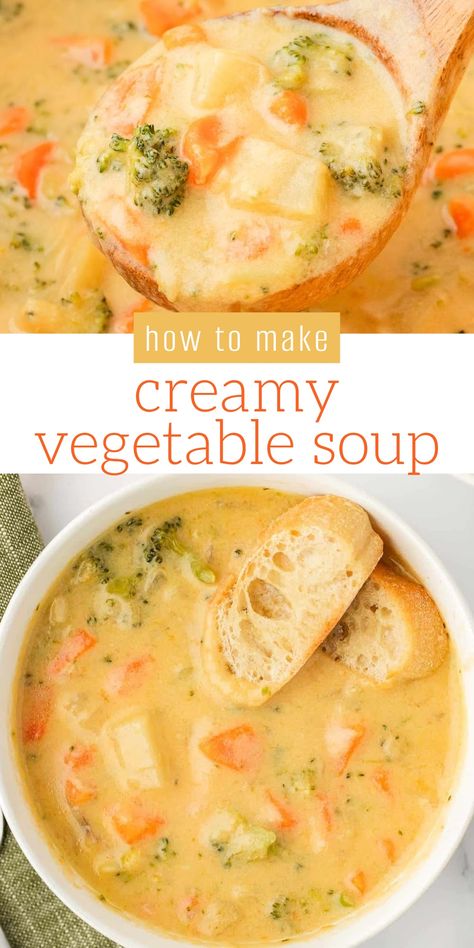 This Creamy Vegetable Soup recipe is absolutely delicious! Full of veggies and a rich cheesy base, this is the best comfort food. Soup No Meat Recipes, Vegetable Bisque Soup Recipes, Rice Soup Recipes Vegetarian, Creamy Potato Vegetable Soup, Savory Soups Comfort Foods, Recipes With Vegetable Stock, Soft Foods Dinner, Things To Do With Celery, Soups With Vegetable Broth