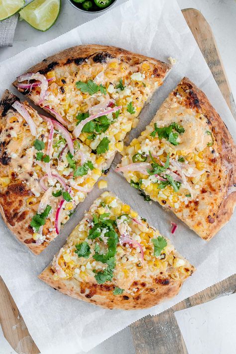 Elote Pizza (Street Corn Pizza) Mexican Corn Pizza, Elote Pizza, Street Corn Pizza, Corn Pizza, Seasoned Corn, Cast Iron Pizza, Quick Pickled Red Onions, Oaxaca Cheese, Corn Chicken