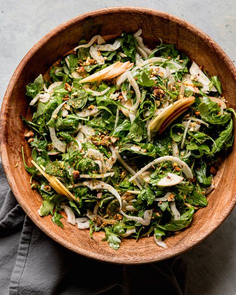 Easy Shaved Arugula Fennel Salad with Apple | The First Mess Shaved Fennel Salad Recipes, Fennel And Apple Salad Recipes, Shaved Fennel Salad, Winter Side Salad, Salad Recipes Arugula, Fennel Salad Recipes, Fennel Apple Salad, Escarole Salad, Apple Fennel Salad