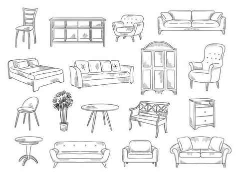 Drawing Furniture Interior Design, Interior Design Doodle, Drawing Of Living Room, Furniture Doodle, Room Doodle, Sketch Furniture, Lamp Furniture, Interior Vector, Room Sketch