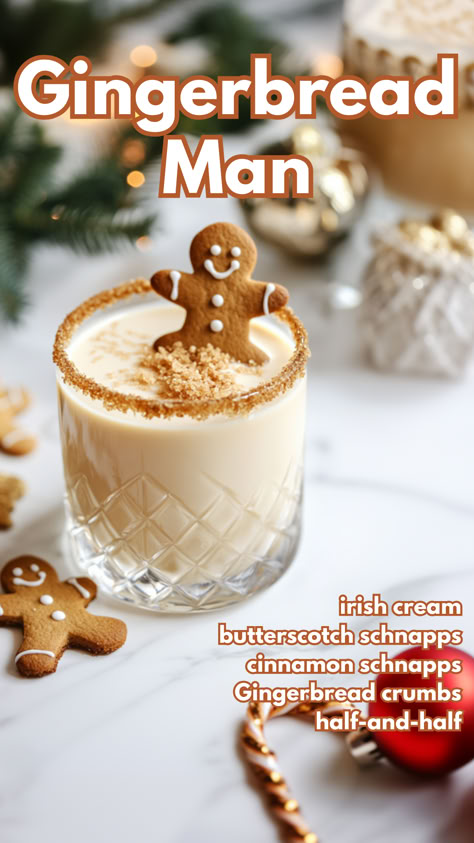 A creamy cocktail in a rocks glass, the rim is coated with crushed gingerbread cookie garnish with a gingerbread man cookie. Place in a white marble countertop with christmas decoration Gingerbread Drink, Irish Cream Cocktails, Best Christmas Drinks, Gingerbread Cocktail, Cream Cocktails, Cinnamon Schnapps, Holiday Drink Recipes, Cocktail Cards, Creamy Eggnog