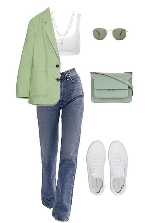 White And Green Outfit, Green White Outfit, Green And White Outfit, Jeans White Sneakers, Hslot Outfit Ideas, Week Of Outfits, Mommy Outfits, Casual Outfit Inspiration, Blazer Jeans