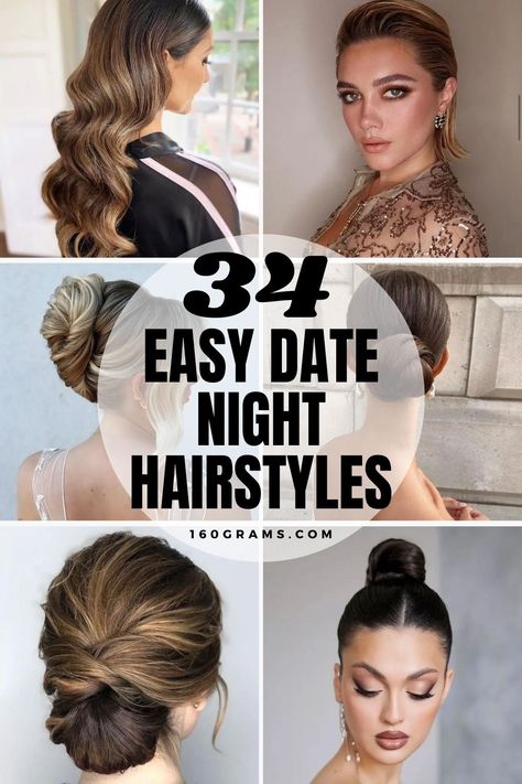 Save this pin for 34 easy and cute date night hairstyles that will elevate your look in minutes! From romantic curls to chic updos, find the perfect style for your next night out. #DateNightHairstyles #QuickStyles #FashionBlog Saturday Night Hairstyles, Long Hairstyles For Night Out, Easy Cocktail Hairstyles, Night Out Hairstyles Medium, Cute Date Night Hairstyles, Easy Date Night Hairstyles, Date Night Updo, Date Night Hairstyles Long, Going Out Hairstyles Night