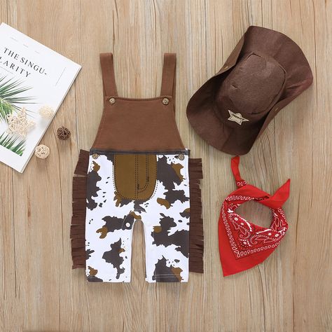 3-piece Baby Boy Cowboy Style Strappy Sleeveless Jumpsuit ,Hat and Bid Baby Costumes Boy, Boys Halloween Costume, Baby Boy Cowboy, Halloween Costume Hats, Baby Boy Camo, Denim Bodysuit, Clothes Country, Baby Clothes Country