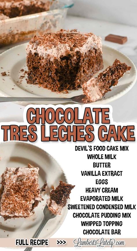 Make a Chocolate Tres Leches Cake with a boxed cake mix - it's easy and so delicious! Rich chocolate cake soaked in three milks, then topped with chocolate whipped cream and chocolate curls. Chocolate Tres Leches, Chocolate Tres Leches Cake, Doctored Cake Mix Recipes, Chocolate Box Cake, Yummy Things To Bake, Box Cake Recipes, Tres Leches Cake Recipe, Devils Food Cake Mix Recipe, Leches Cake