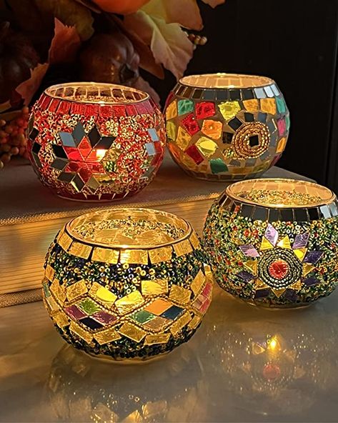 Glass Painting Designs For Diwali, Stained Glass Tealight Holder, Diwali Lamps, Candle Holder Crafts, Mosaic Candle Holders, Mosaic Candle, Glass Tealight Candle Holders, Turkish Mosaic Lamp, Turkish Mosaic