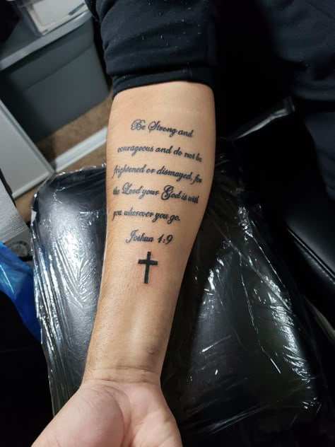 Forearm Verse Tattoo, Bible Verse Fonts Tattoo, Bible Verse Tattoos For Men Arm Scriptures, Meaningful God Tattoos, Forearm Scripture Tattoo Men, Forearm Bible Verse Tattoo Men, Joshua 1:9 Tattoo Women, Forearm Tattoo Bible Verses, Bible Verse Sleeve Tattoo