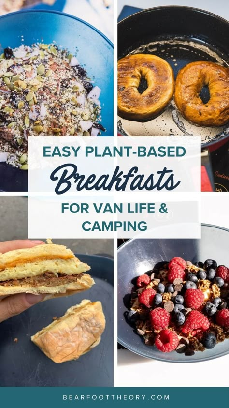 Power your day with these 5 easy vegan plant-based breakfasts with minimal cleanup for van life and camping. Healthy Van Life Meals, Plant Based Camping Meals, Vegan Road Trip Food, Vegan Camping Recipes, Van Life Recipes, Vegan Camping Breakfast, Van Life Meals, Van Life Food, Vegan Camping Meals