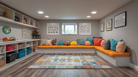 8 Basement Playroom Ideas: Designing a Kid-Friendly Basement Playroom - Basements Plus Basement Family Playroom, Kid Friendly Basement Ideas, Kid Basement Ideas, Basement Playroom Design, Basement Playroom Ideas Family Room, Basement For Kids, Kids Basement Playroom, Unfinished Basement Playroom, Basement Play Area