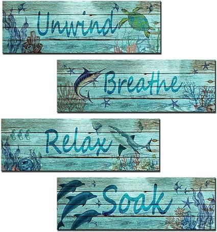 Amazon.com: Underwater World Wooden Sign 4 Pieces Ocean Bathroom Decor Relax Soak Unwind Breathe Wall Decor Tropical Fish Wood Plaque Coral Reef Artwork Shark Dolphin Wall Art Kitchen Home Decor (Teal Blue) : Everything Else Tropical Bathroom Decor, Ocean Bathroom Decor, Ocean Bathroom, Tropical Artwork, Dolphin Wall Art, Coffee Table Pictures, Relax Soak Unwind, Tropical Bathroom, Blue Everything