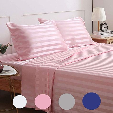 Amazon.com: Treely Silky Satin Sheet Set Super Soft Striped Bed Full Sheet Set with Deep Pocket Fitted Sheet, Flat Sheet, Pillow Cases(4-Pieces, Pink): Bedding & Bath 80’s Bedroom, Kid Bedding, Diy Sleep Mask, Pink Bed Sheets, Striped Bed, Queen Size Sheets, Pink Sheets, Striped Bedding, Egyptian Cotton Bedding