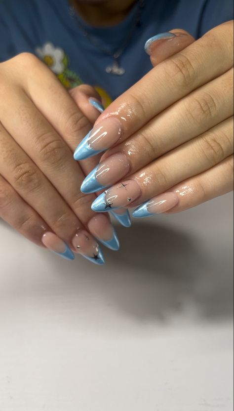 Almond Nails 
Blue French Tip Cinderella Blue Nails For Prom, Cinderella Blue Nails, Cinderella Nails Designs, Blue Nails For Prom, Cinderella Inspired Nails, Blue Quince Nails, Baby Blue Quince, Cinderella Nails, Nails For Prom