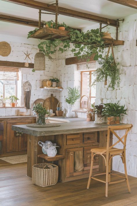 boho kitchen Boho Cabin Kitchen, Kitchen Boho Chic, Boho Cafe Design, Kitchen Ideas Cottagecore, Rustic Small Kitchen Ideas, Simple Open Kitchen, Cozy Boho Kitchen, Rustic Small Kitchen, Boho Kitchen Ideas Bohemian Style