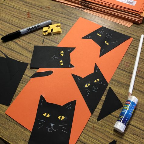 Halloween Cat Craft, Varjak Paw, Halloween Art Lessons, Strašidelný Halloween, Halloween Art Projects, Cat Collage, October Art, Fall Art Projects, Art Trading Cards