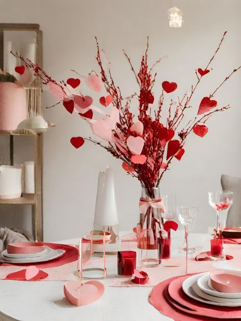 75+ Gorgeous Valentines Day Dinner Table Decoration Ideas (2024) Table Decor For Parties, Girly Valentines Aesthetic, Table Decorations Valentines Day, Valentine Shop Decoration, Valentine Day Set Up, Valentines Candy Table, Valentine Diy Centerpieces, Valentines Dining Table Centerpiece, Valentines Dance Centerpieces