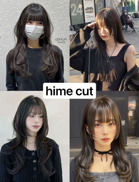 Korean Hime Haircut, Himecut Long Hair, Subtle Hime Cut, Hime Cut On Wavy Hair, Hime Cut With Wispy Bangs, Hush Cut And Hime Cut, Hime Cut Ponytail, Momo Hime Cut, Hime Layered Cut