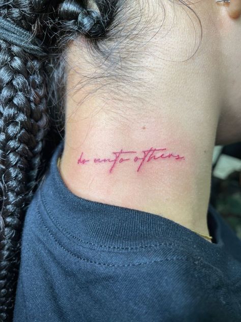 Tattoo In Red Ink Words, Tattoo Idea For Women Neck, Neck Red Tattoos Women, Word Neck Tattoos Black Women, Neck Tattoos Women Small Words, Neck Tattoos Women Lettering, Red Small Neck Tattoos, Red Ink Tattoo For Women, Small Red Neck Tattoos