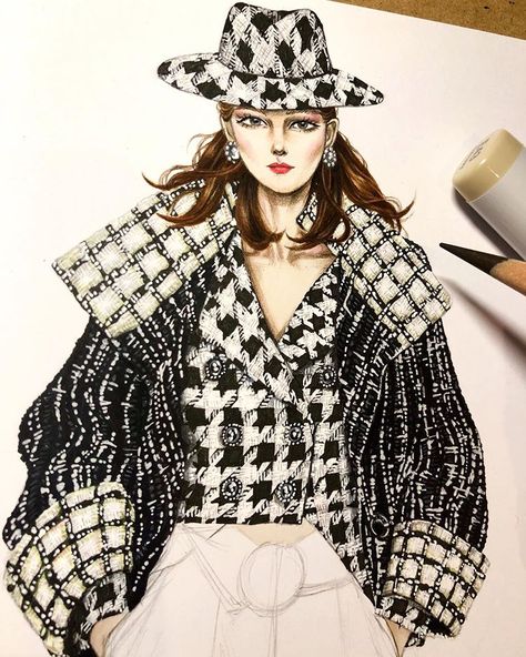 Instagram'da vivartcastle: “❤️Chanel Classic Tweed❤️ #fashionist #fashionillustration #runway #fashionillustrator #fashionsketch #fashiondrawing #illustrationoftheday…” Tweed Fashion Illustration, Tweed Fashion, Fashion Model Sketch, Tweed Outfit, Fashion Courses, Fashion Artwork, Fashion Design Sketchbook, Fashion Sketches Dresses, Design Sketchbook