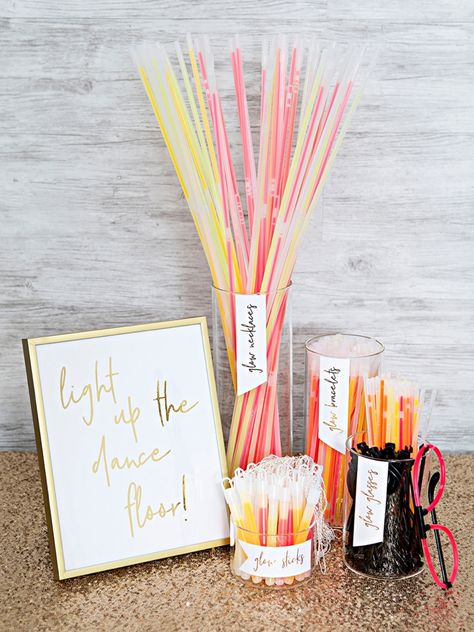 Check out this DIY wedding glow stick bar, so cute! Popsicle Wedding Ideas, Glow Stick Display At Wedding, Light Up The Dance Floor Wedding, Foam Glow Sticks Wedding Display, Wedding Glow Stick Display, Unique Wedding Ideas Creative Receptions, Brighton Wedding, Light Up The Dance Floor, Glow Stick Wedding