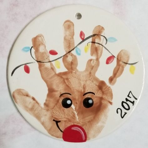 Baby Footprint Clay Christmas, Baby Print Ornament Diy, Rudolph Handprint Ornament, Hand Feet Christmas Crafts, Kids Handprint Christmas Ornaments, Hand Print Rudolph, Baby Handprint Ornament Paint, Toddler Christmas Ornaments Diy Hand Prints, Christmas Baby Print Crafts