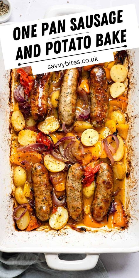 Dive into this hearty sausage and potato tray bake! A one-pan wonder that's bursting with flavor, it's the perfect blend of savory sausages, crispy potatoes, and colorful veggies. Easy to make, budget-friendly, and a surefire family favorite. Plus, get tips on variations to suit every taste! Sausage Tray Bake, Sausage And Potato Bake, Golden Potatoes, Pork Sausages, Colorful Veggies, Sausage Dinner, Honey Glazed Ham, Sausage Dishes, Sausage Bake