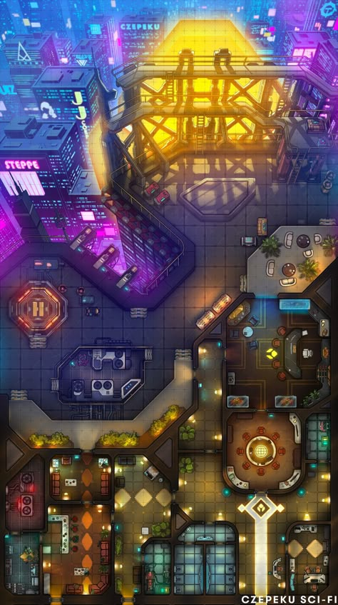 This is the highest view of the city skyline that you've ever seen! How would your party get down from here? 🪂 Cyberpunk Dnd Map, Cyberpunk Red Map, Cyberpunk City Map, Sci Fi Battlemap, Starfinder Maps, Cyberpunk Map, Dnd Cyberpunk, Cyberpunk Dnd, Space Dnd