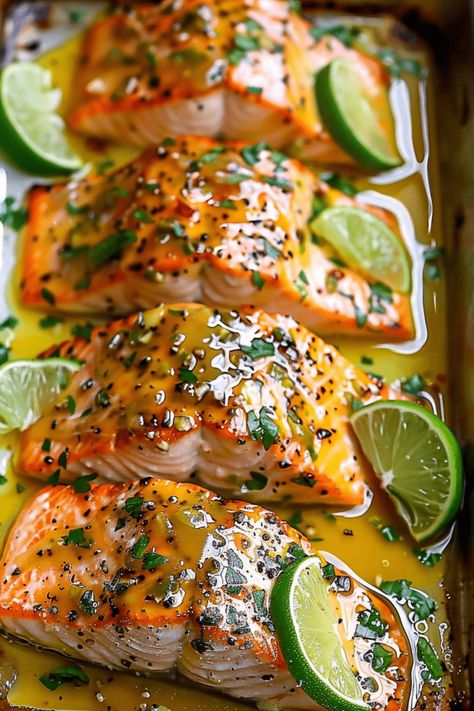 Honey-Lime Garlic Butter Baked Salmon - An Organized Chaos Honey Garlic Lime Salmon, Garlic Butter Salmon Pasta, Baked Honey Lime Garlic Butter Salmon, Delicious Salmon Recipes Oven Baked, Oven Roasted Salmon Recipes, How Long To Bake Salmon In Oven, Garlic Salmon Recipes, Baked Stuffed Salmon, Oven Salmon Recipes