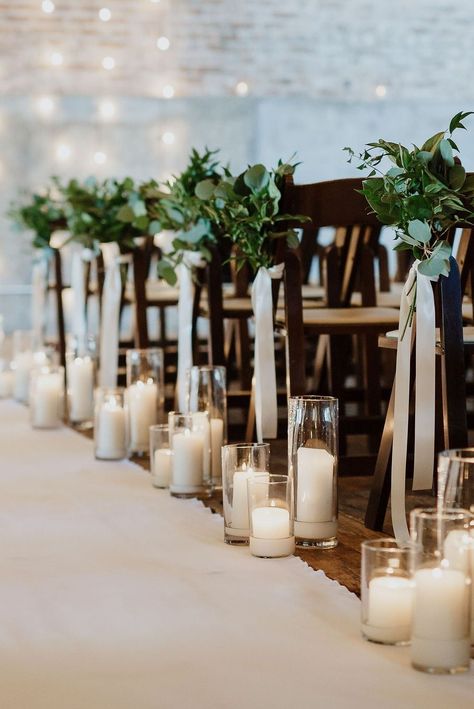 Unique Wedding Lighting Ideas, Small Wedding Altar, Wedding Aisle Decorations Chapel, Ceremony Decorations Candles, Minimalist Isle Wedding, Sage Green Aisle Decor, Wedding Aisle Decoration Indoor, Patio Ceremony Wedding, Wedding Aisle Decorations Black And White