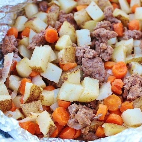 Tin Foil Dinners (Hobo Dinners) | High Heels and Grills Aluminum Foil Dinners, Hobo Meals, Tin Foil Meals, Tin Foil Dinners, Hobo Dinners, Hamburger And Potatoes, Camping Dinner, Foil Pack Dinners, Foil Dinners