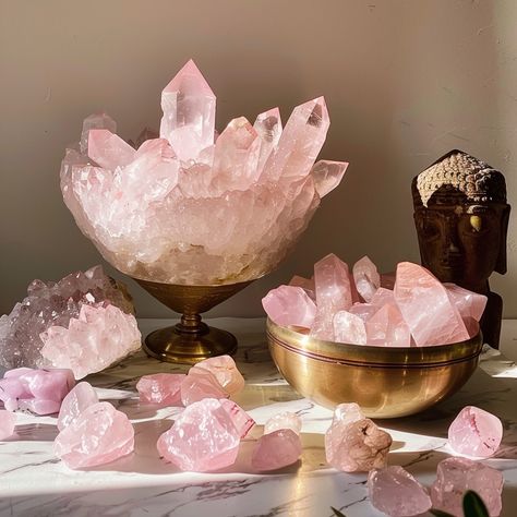 💎 Crystal Healing: Rose Quartz - The stone of love and harmony. Incorporate Rose Quartz into your life to attract love and enhance relationships. How do you use Rose Quartz? #CrystalHealing #RoseQuartz #LoveAndHarmony Rose Quartz Astethic, Rose Quarts Crystal Aesthetic, Rose Quartz Display, Quartz Crystal Decor, Shelves Decor, Spiritual Pink Rose Quartz Crystals, Craft Fair Booth Display, Pink Rose Quartz Spiritual Crystals, Fair Booth