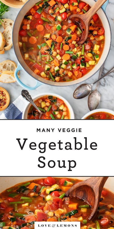 The BEST vegetable soup recipe! Make this nourishing, easy vegetable soup with whatever veggies you have on hand. It's a perfect healthy dinner or lunch, and it tastes even better on the second day! | Love and Lemons #soup #vegan #mealprep #dinnerideas #cleaneating Best Vegetable Soup Recipe, Vegan Vegetable Soup, Easy Vegetable Soup, Roasted Vegetable Pasta, Potatoes Tomatoes, Vegetable Soup Recipe, Vegetable Pasta, Vegetable Soup Recipes, Veggie Soup