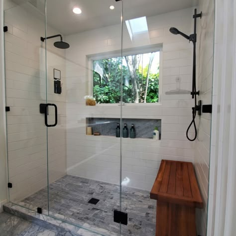 Large Shower With 2 Shower Heads, Double Head Shower With Bench, Double Shower Head With Bench, Master Shower Double Shower Heads, Shower Remodel Double Shower Head, Dual Walk In Shower Ideas, 2 Person Shower With Bench, Primary Shower With Bench, Shower Double Head Master Bath