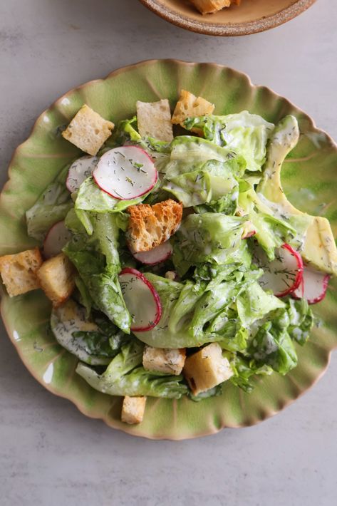 Butter Lettuce Salad with Dill Dressing Butter Lettuce Salad Recipes, Branzino Fish Recipe, Butter Lettuce Recipes, Spiral Cucumber Salad, Branzino Fish, Bitter Lettuce, Creamy Dill Dressing, Butter Lettuce Salad, Sourdough Croutons