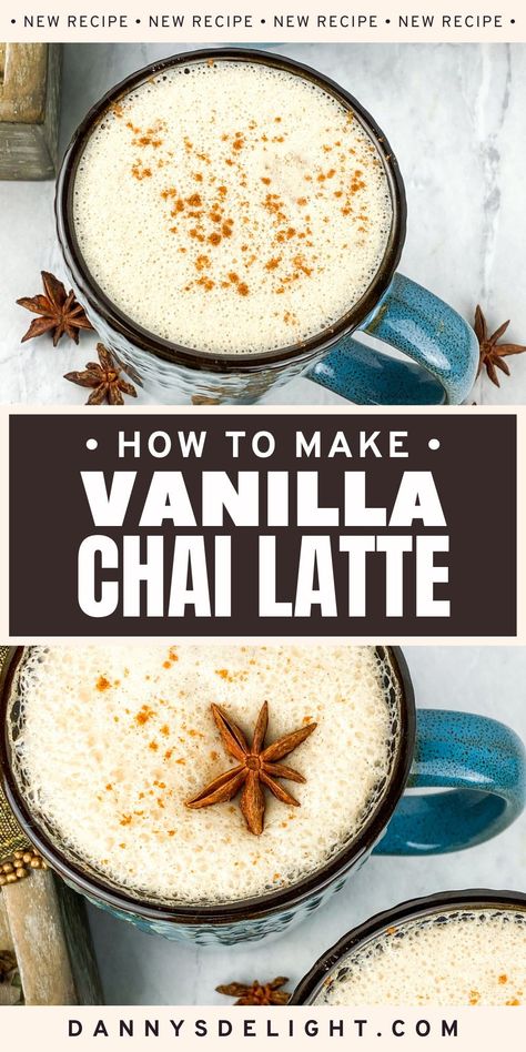 Save money and avoid the long line at the coffee shop by making this simple and delicious homemade Vanilla Chai Tea Latte! This beverage has all the right spices and is extremely smooth. Whether you drink it warm or iced, this is a beautifully balanced beverage. Vanilla Chia Tea Latte Recipe, Chia Latte Recipe, Vanilla Chai Tea Latte Recipe, Spring Vegan Recipes, Chai Tea Latte At Home, Homemade Chai Latte, Homemade Chai Tea Latte, Starbucks Specialty Drinks, Refreshing Spring Recipes