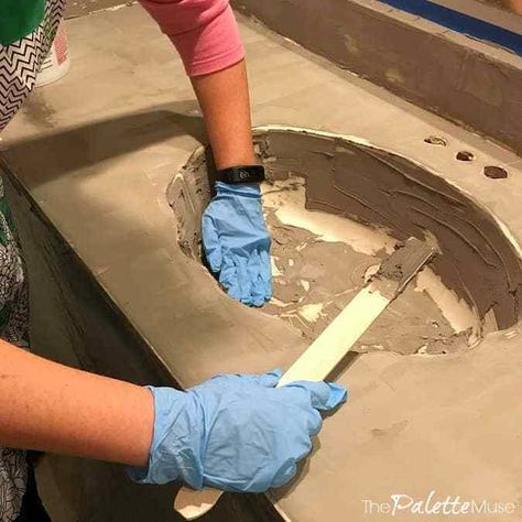 Bathroom Countertops Diy, Bathroom Sink Diy, Sink Diy, Countertop Makeover, Concrete Countertops Colors, Concrete Countertops Bathroom, Kitchen Countertop Materials, Concrete Bathroom, Concrete Countertops Kitchen