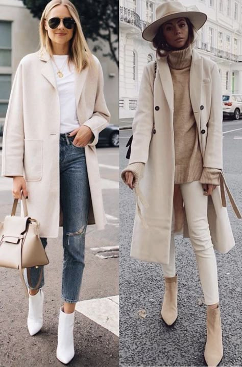 Beige Boots Work Outfit, Cream Coatigan Outfit, How To Style Cream Boots, Helle Boots Outfit, Botines Beige Outfit, Botas Beige Outfit, Beige Boots Outfit Ankle, Cream Ankle Boots Outfit, Beige Coat Outfit Classy