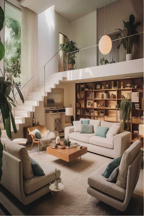 Stairs In Open Plan Living, Landing Overlooking Living Room, Multi Level Living Room Layout, Balcony Over Living Room, Living Room With Open Staircase, Village House Design Interiors, Living Room With Multiple Entrances, Living Room Loft Ideas, Loft Over Living Room