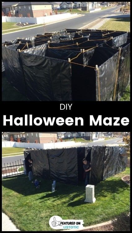 Your kids are sure to have a blast navigating this easy DIY Halloween maze. See this fun backyard Halloween idea plus more easy ideas for your Halloween outdoor decorations on Listotic. Diy Backyard Halloween Party, Outdoor Halloween Haunted House, Maze Ideas Outdoor, Diy Haunted Yard Ideas, Spooky Maze Diy, Maze Diy Outdoor, Front Yard Halloween Maze, Halloween Trampoline Ideas, Halloween House Decoration Outdoor Easy