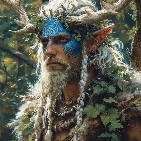 Druid Makeup Men, Forest Elf Costume Man, Green Man Aesthetic, Dryad Male, Male Dryad, Old Druid Male, Male Wood Elf Druid, Wood Elf Male, Rp Prompts