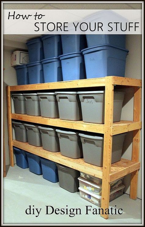 What a simple fix to organize your garage totes all made with 2x4's and fiber board shelf. Use this in the garage, a storage shed, or under the stairs! Plan Garage, Basement Organization, Diy Basement, Basement Storage, Small Basements, Closet Organization Diy, Garden Tool Storage, Diy Garage Storage, Garage Makeover