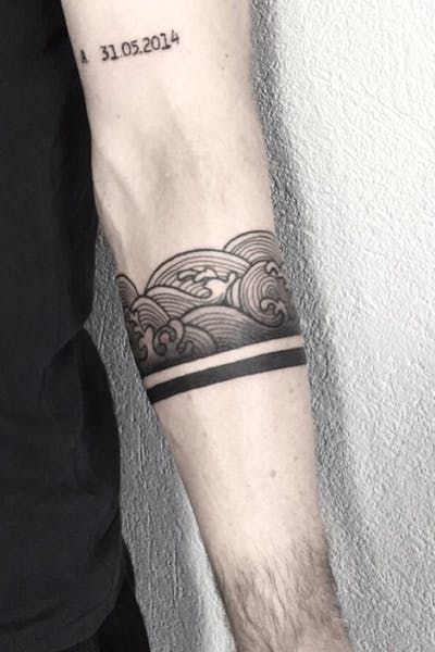 Band tattoo #geometric #bandtattoo #blackandgrey #blackwork #waves #tattooart #xystudio #ink #inked #art #btattooing #skinartmag #inkjecta Ankle Band Tattoo, Japanese Wave Tattoos, Leg Band Tattoos, Tattoo Band, Cuff Tattoo, Forearm Band Tattoos, Band Tattoo Designs, Band Tattoos, Armband Tattoo Design